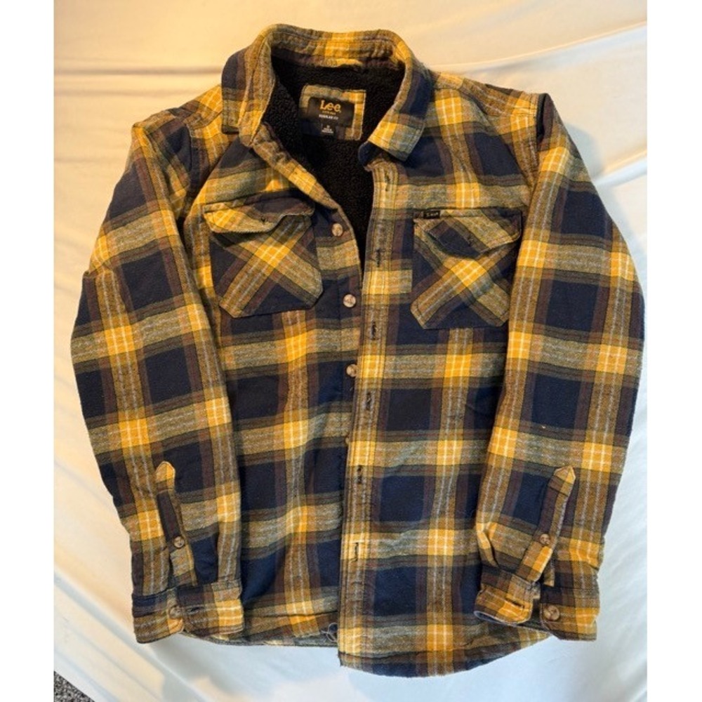 Lee Mens Sherpa Lined Flannel Shirt Jacket Navy Yellow Plaid Size M Regular Fit